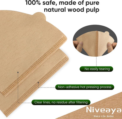 Niveaya 200 Count Coffee Filters - Size 02, Natural Paper Coffee Filter, No Blowout, Disposable for Pour Over and Drip Coffee Maker (2-4 Cup)