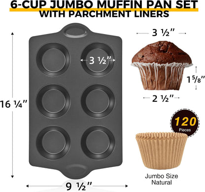 Nonstick Jumbo Muffin Pan, 2 Pack Large Cupcake Tin with 120pcs Muffin Liners, Cup Cake Tray for Baking, 3.5dia, 6 Cup, Premium, Extra Thick
