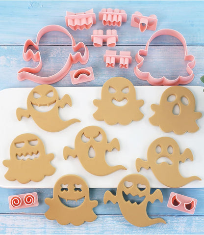 10Pcs Halloween Cookie Cutters, 3D Cookie Cutter with Plunger Stamp, Ghost Biscuit Cutters Cake Baking Fondant Embosser Stamps Halloween Party DIY