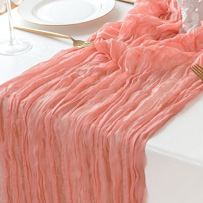 Sioloc Peach Coral Cheesecloth Table Runner 120'' x 35'',Spring Easter Decor Soft Gauze Boho Wedding Table Decor for 10ft Table Birthday Party,Baby Shower, Bridal Shower, Home & Event Decor