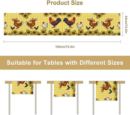 Farm Rooster Table Runner, Retro Western Farmhouse Chicken Sunflower Retro Yellow Buffalo Grid Print Table Runner for Dinning Holiday Party Indoor Outdoor Decor, 13x60inch