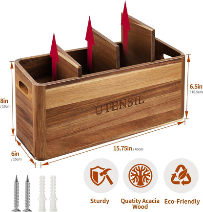 Kitchen Utensil Holder with 4 Compartments, Large Acacia Wood Utensil Caddy Storage Caddy Organizer Countertop for Flatware Silverware Fork Spoon Spatula