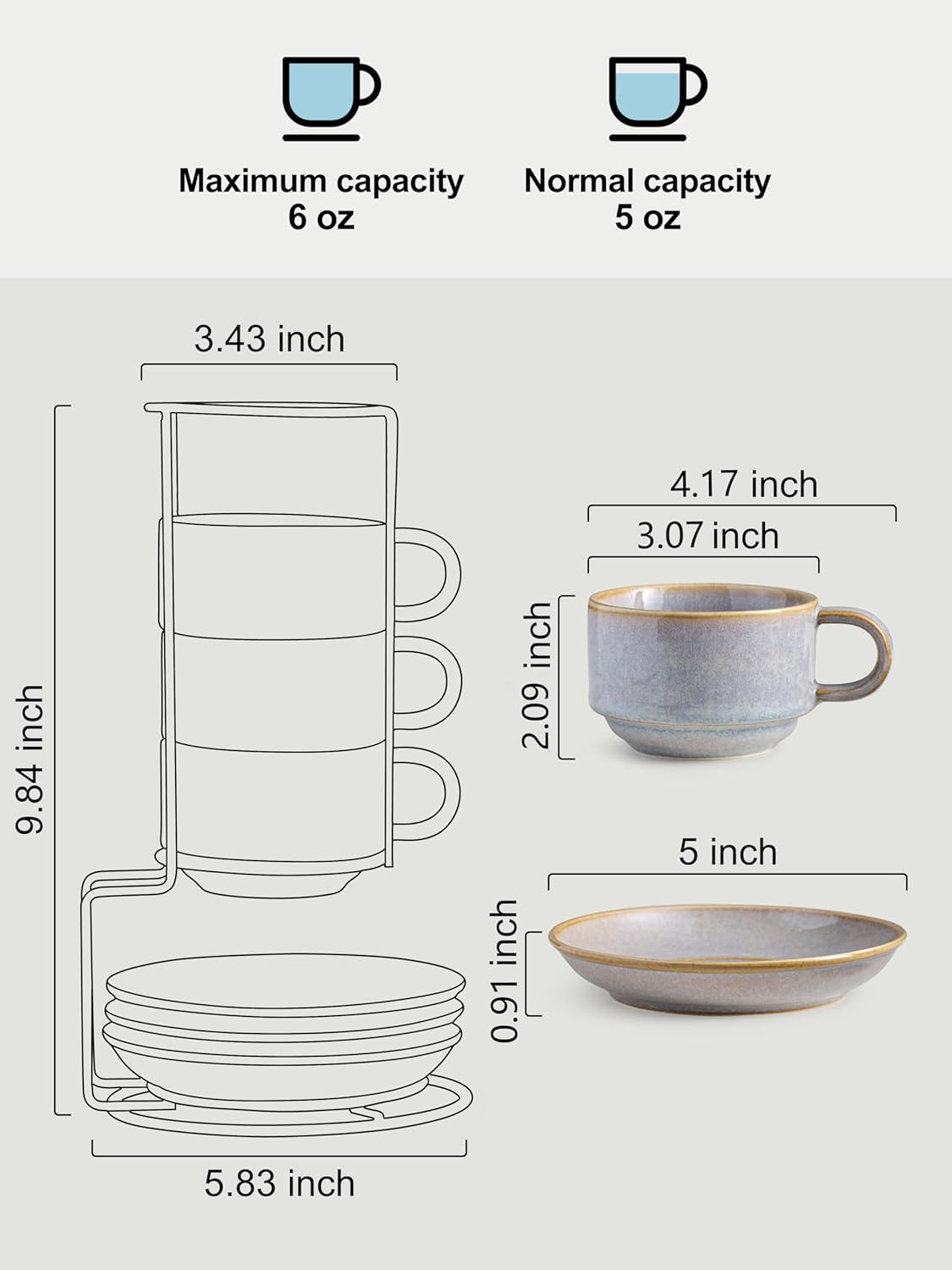 Gomakren 6 Ounce Cappuccino Cups with Saucers and Metal Stand, Stackable Coffee Cup Set of 4, Porcelain Espresso Cups for Coffee Drinks, Cappuccino, Latte, Americano, Tea, Gray