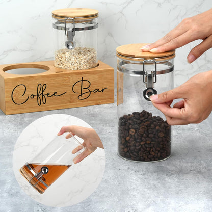 Glass Coffee Canister Set with Bamboo Shelf & Spoon - 2 Airtight Containers (47oz Each) for Coffee Beans, Ground Coffee, Sugar, Flour