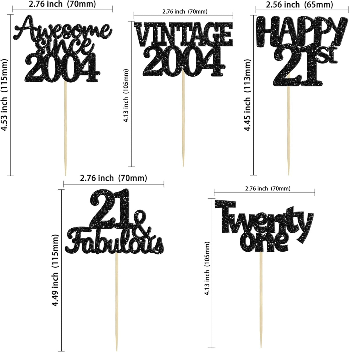 Gyufise 30pcs Vintage 2004 Cupcake Toppers Glitter Twenty-One Happy 21st Cupcake Picks Fabulous Anniversary Party Supplies Black