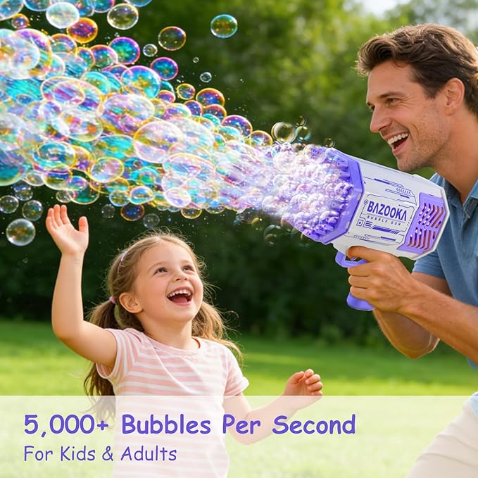 Petrella Toy Bubble Gun for Kids 69 Holes Bubble Machine for Toddlers 1-3 4-8 Girls Boys, Rechargeable Bazooka Bubble Blower Guns for Wedding Summer Outdoor Party with Bubble Solution