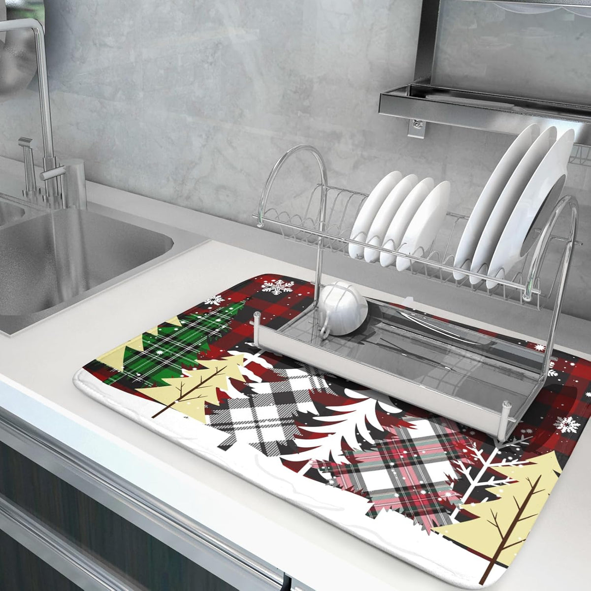 Christmas Dish Drying Mat for Kitchen Counter 16”x18” Christmas Tree Buffalo Plaid Dish Draining Mat Ultra Absorbent Microfiber Pad Holiday Mats Fast