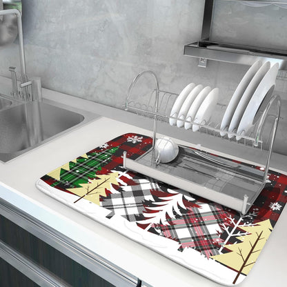 Christmas Dish Drying Mat for Kitchen Counter 16”x18” Christmas Tree Buffalo Plaid Dish Draining Mat Ultra Absorbent Microfiber Pad Holiday Mats Fast