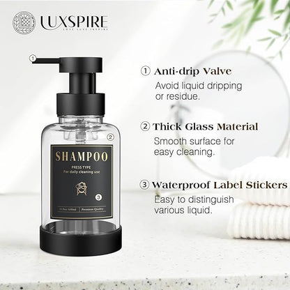 Luxspire Foaming Soap Dispenser, Non-Slip Hand Soap Dispenser with Fast Drying Tray, 15oz Glass Refillable Liquid Bottle for Bathroom & Kitchen, 2 Pack, Transparent + Dark Gray