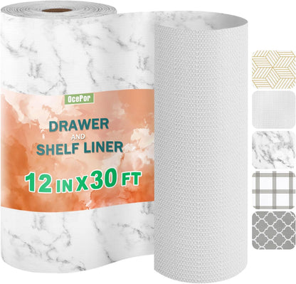 OcePor Non-Adhesive Drawer and Shelf Liner 12IN x 30FT，Non Slip Cabinet and Cupboard Liner, Kitchen Cabinet Liners for Shelves, Waterproof Drawer Shelf Liners for Cabinets/Bathroom Cupboard, Marble