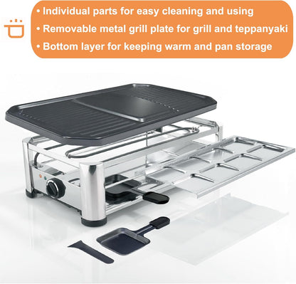 TAMARIT Raclette Cheese Table Grill Portable Electric Indoor Korean BBQ Grill 1400 W Raclette Party Grill with Iron Nonstick Extra Large Grill Plate Raclette Grill for Home Party, Stainless Steel