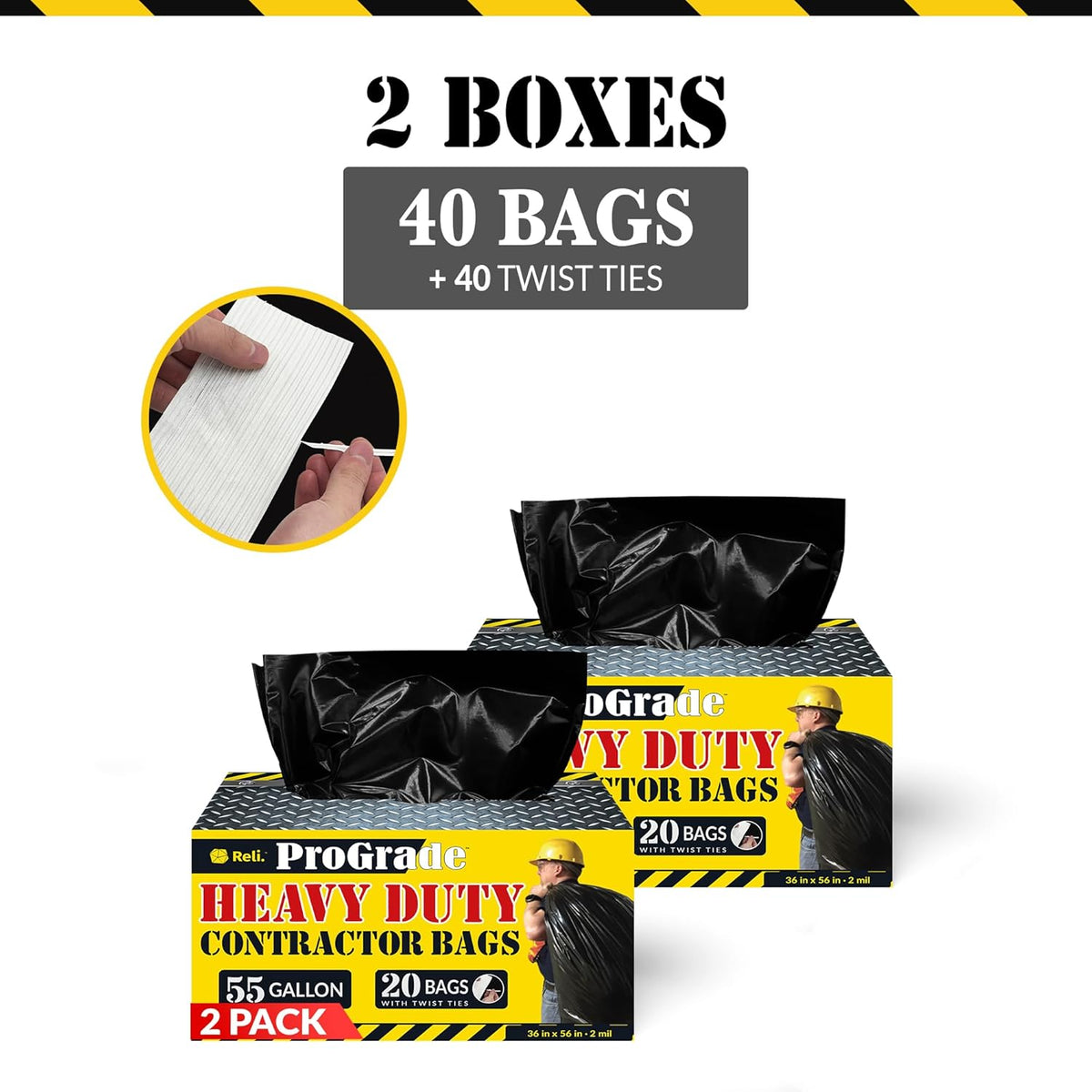 Reli. Contractor Garbage Bags 55 Gallon | 40 Trash Bags | Heavy Duty | Black Contractor