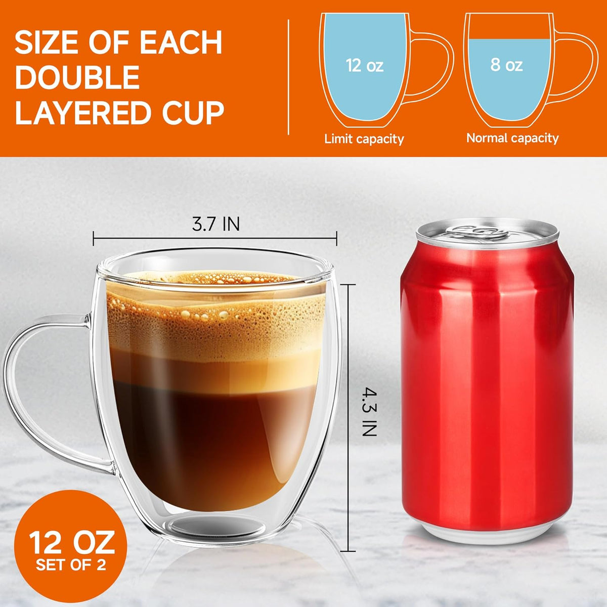 12 Ounces Set of 2 Double Walled Glass Coffee Mugs with Handle Insulated Layer Coffee Cups Borosilicate Glass Espresso Double Insulated Clear Glass
