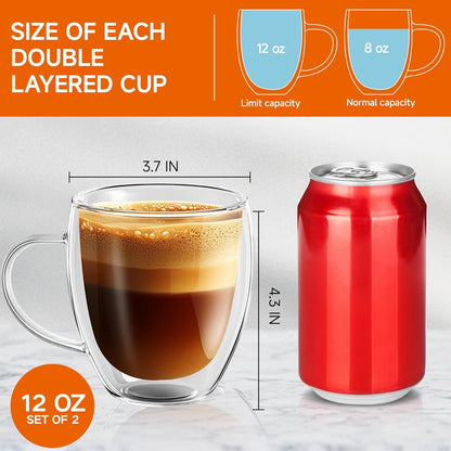 12 Ounces Set of 2 Double Walled Glass Coffee Mugs with Handle Insulated Layer Coffee Cups Borosilicate Glass Espresso Double Insulated Clear Glass