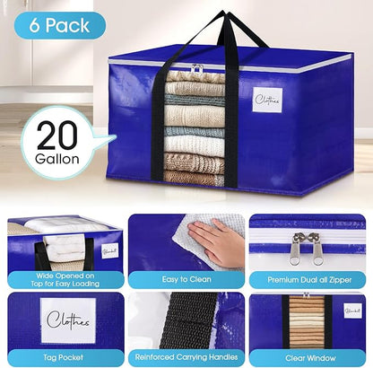 BlissTotes 6 Pack Moving Bags with Clear Window, Storage Bags with Strong Carrying Handles & Zippers,Large Packing Bags for Saving Space, Alternative to Moving Boxes(Blue,20 Gallon)
