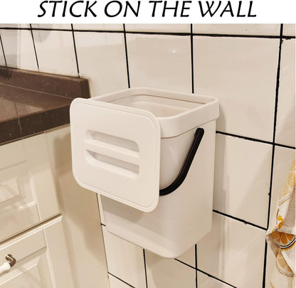 stonespace Hanging Small Trash Can with Lid Under Sink for Kitchen，1.3 Gallon/ 5L Mountable Compost Pail，Kitchen Compost Bin for Countertop, White