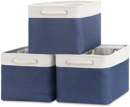 Bidtakay Storage Baskets Collapsible [3-Pack] Decorative Storage Bins with Cotton Rope Handles 15 X 11 X 9.5 Inch Organizing Baskets for Shelves Clothes Closet Navy Blue Baskets for Gifts Empty