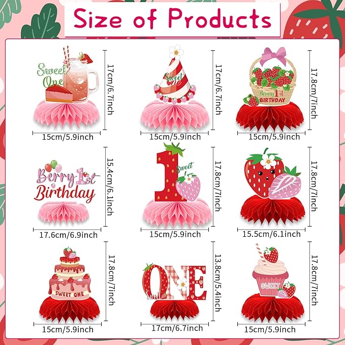 Berry First Birthday Decor - 9PCS Sweet One Birthday Party Decorations Cute Strawberry 1st Birthday Decorations Berry First Birthday Party Table Centerpiece Decor Supplies Baby Girls