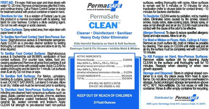 PermaSafe CLEAN, All-Purpose Hospital Disinfectant Cleaner; No Rinse, Hard, Soft & Food Contact Surface Sanitizer; Mold, Mildew and Fungi Killer; Odor Eliminator; Allergen Remover & More-3 Fl Oz-2 Pk