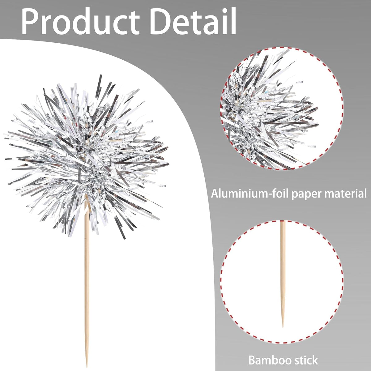40 PCS Foil Firework Cupcake Toppers Fireworks Cupcake Picks Sparkle Tinsel Cake Decorations Cocktail Fruit Toothpick for Firework Theme Birthday Wedding Graduation Party Decorations Supplies Silver