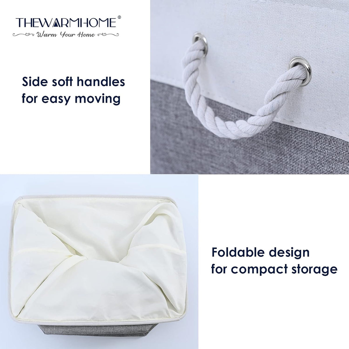 TheWarmHome Small Storage Baskets for Organizing,Storage Baskets for Shelves,Small Fabric Storage Bins W/Handles For Closet Nursery Toy Decorative Foldable (White&Grey, 11.8L*7.9W*5.2H-6 Pack)