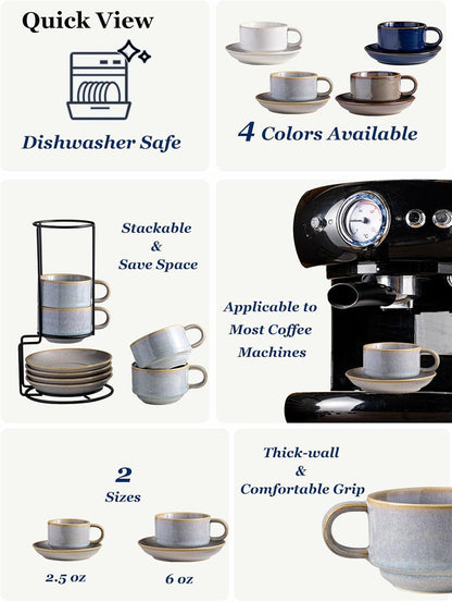 Gomakren 6 Ounce Cappuccino Cups with Saucers and Metal Stand, Stackable Coffee Cup Set of 4, Porcelain Espresso Cups for Coffee Drinks, Cappuccino, Latte, Americano, Tea, Gray