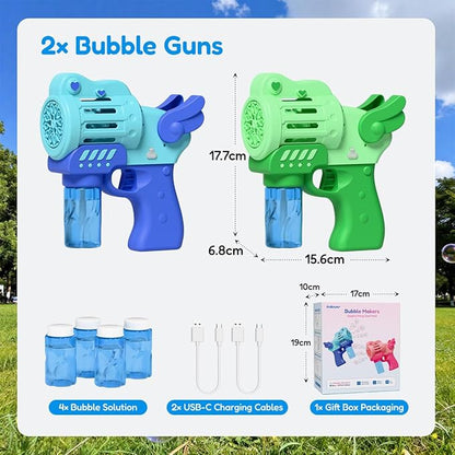 2 Pack Rechargeable Bubble Gun with 4 Bottles Solution, Bubbles Machine Blower Guns Toys with LED Lights for Toddlers Kids 3-12, Summer Toy, Party Favors, Easter, Birthday Gift