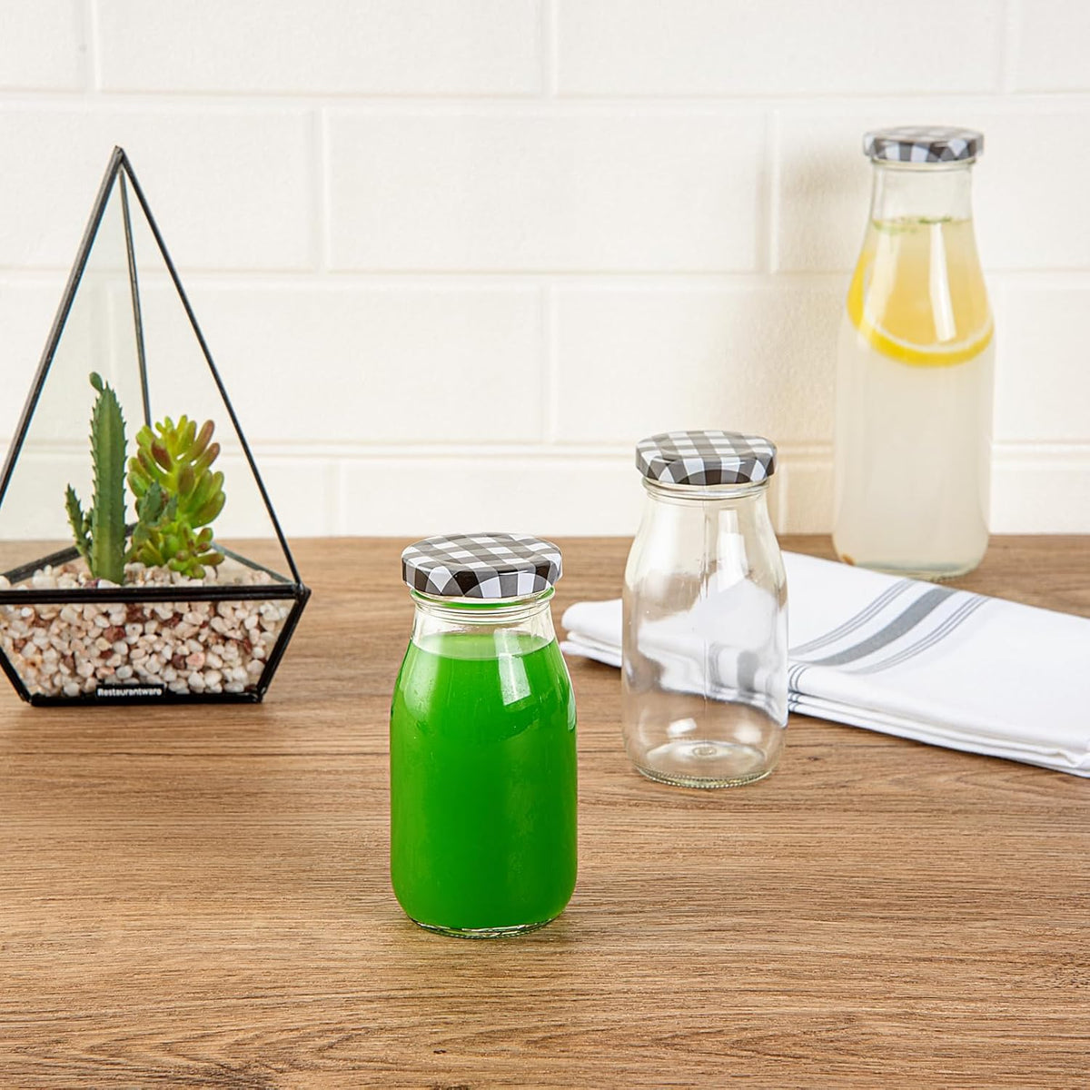 Restaurantware-French Countryside 6 Ounce Glass Bottles, 10 Durable Juice Bottles - With Black Plaid Lid, Dishwashable