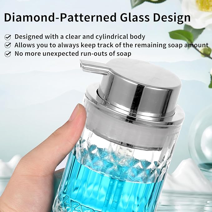 Foaming Soap Dispenser,2 Pack Clear Glass Foam Hand Soap Dispenser for Bathroom, Refillable 8 Fl Oz Foamy Pump Bottle with Large Sliver Pump,Vintage Dish Soap Foam Dispenser