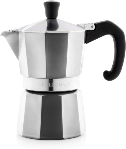 Bellemain Stovetop Espresso Maker | Italian Moka Pot Espresso Maker, Classic Aluminum Design Mocha Pot for Home Brewing & Camping | Easy to Use & Clean - 3-Cup, Silver