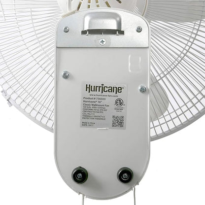 Hurricane Classic Oscillating Wall Mount Fan w/ 3 Quite Speeds, White, 16" - Corded Electric Air Cooling Unit w/ Easy Pull Cord Controls for Home, Grow Tents, Offices, Sheds, Studios, Garages & Dorms
