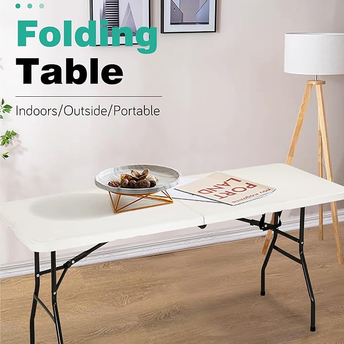 PayLessHere Folding Table Plastic Picnic Table for Parties Wedding Camping Office with Carrying Handle (White, 6 FT)