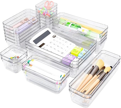 Clear Drawer Organiser Set Desk Drawer Dividers Makeup Organiser Divider Tray Utensil Cutlery Set Dressing Table Organisers for Bedroom Kitchen Bathromm Office Gadgets(25 Pack)