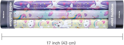WRAPAHOLIC Unicorn Birthday Wrapping Paper Roll - 3 Short Roll - Rainbow Unicorn Wrapping Paper for Kids Boys Girls Birthday, Baby Shower - 17 Inch x 120 Inch Per roll