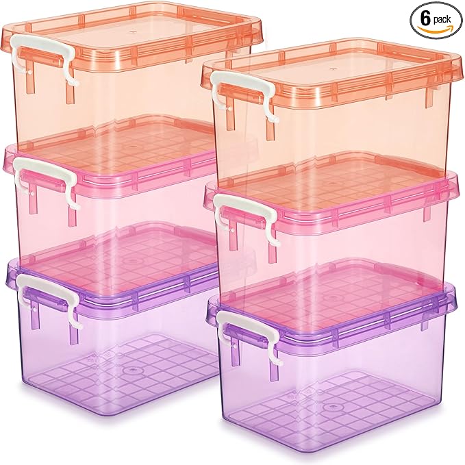 Wenqik 6 Pack Colorful Plastic Storage Bins with Lids 4 Quart Small Storage Latch Box Stackable and Nestable Clear Organizer Bins with Latching Handle and Buckle for Organizing(Sweet Color)