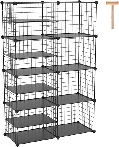 C&AHOME Wire Cube Storage Unit, Interlocking Metal Wire Organizer with Divider Design, Modular Cabinet with Plastic Panels, Bookshelf Stackable Closet Organizer with Small Hooks, Black UWCSIM08B