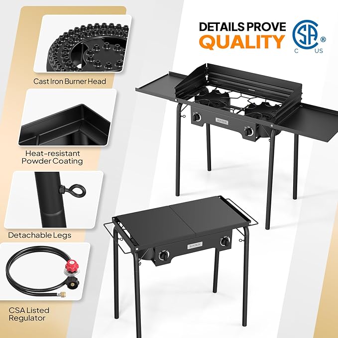 ROVSUN 2 Burner Outdoor Camping Stove with Wind Panel & Shelves, Heavy Sturdy Propane Burner, Gas Cooker with Detachable Legs & CSA Regulator for Home Camp Paito Cooking Frying Canning