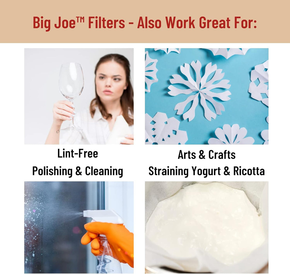 Big Joe® Large Coffee Filters (500 Count) - Tall Walled Commercial Coffee Filters (4 ¼ Inch base, 2 ¾ Inch Walls, 9 ¾ Inch Laying Flat)