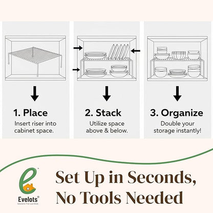 Evelots Kitchen Cabinet Wire Shelf Organizer/Rack - 2 Pack Sturdy Metal Shelf Risers - Double Your Counter Space - Great for Kitchen, Freezer, Pantry and Bathroom - Rustproof - Black