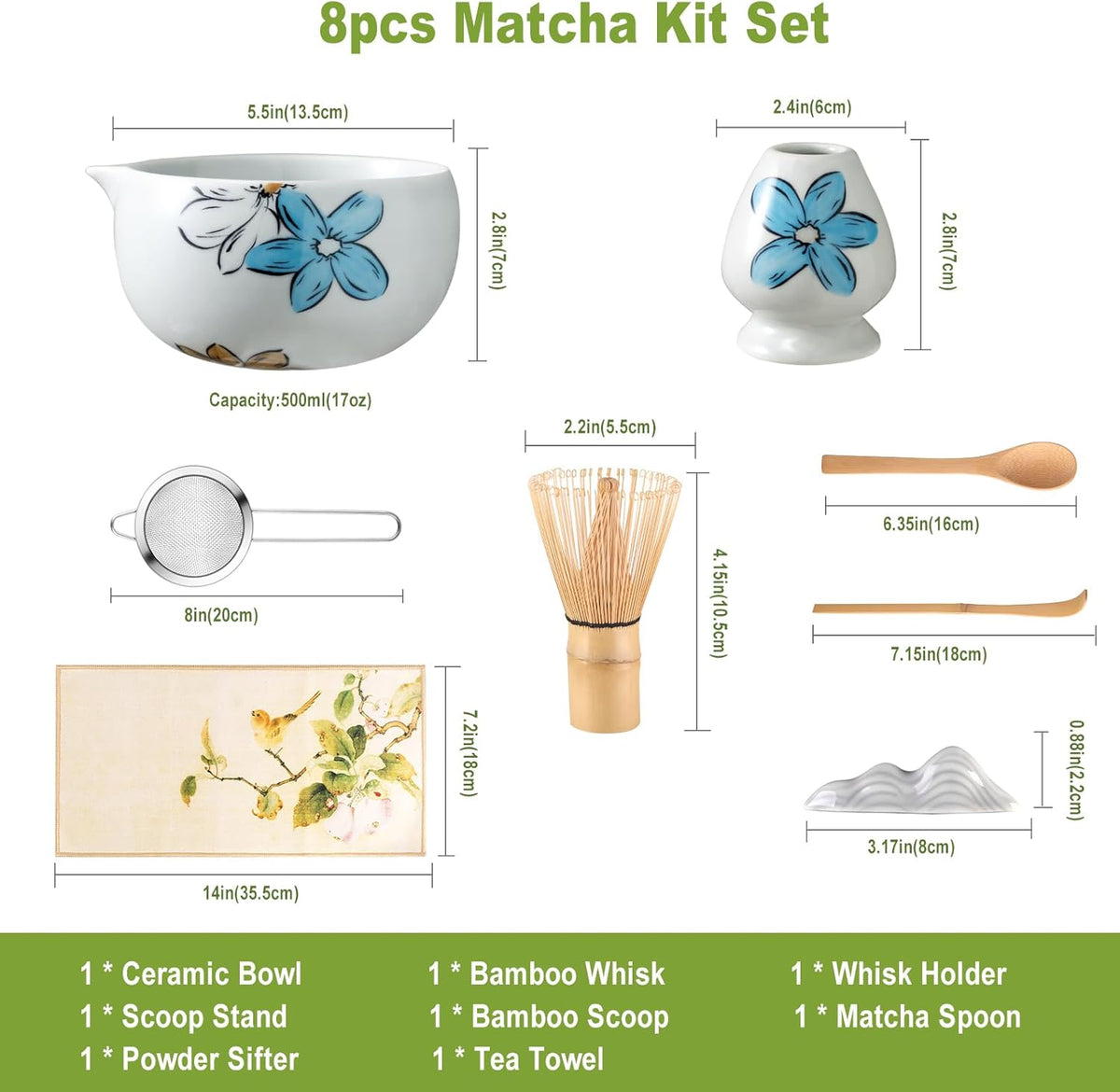 Matcha Whisk Set Cute,8pcs Matcha Set Whisk And Bowl,Matcha Kit Set With Bamboo Whisk,Ceramic Matcha Bowl,Sifter,Scoop,Holder,Towel,Stand,Spoon
