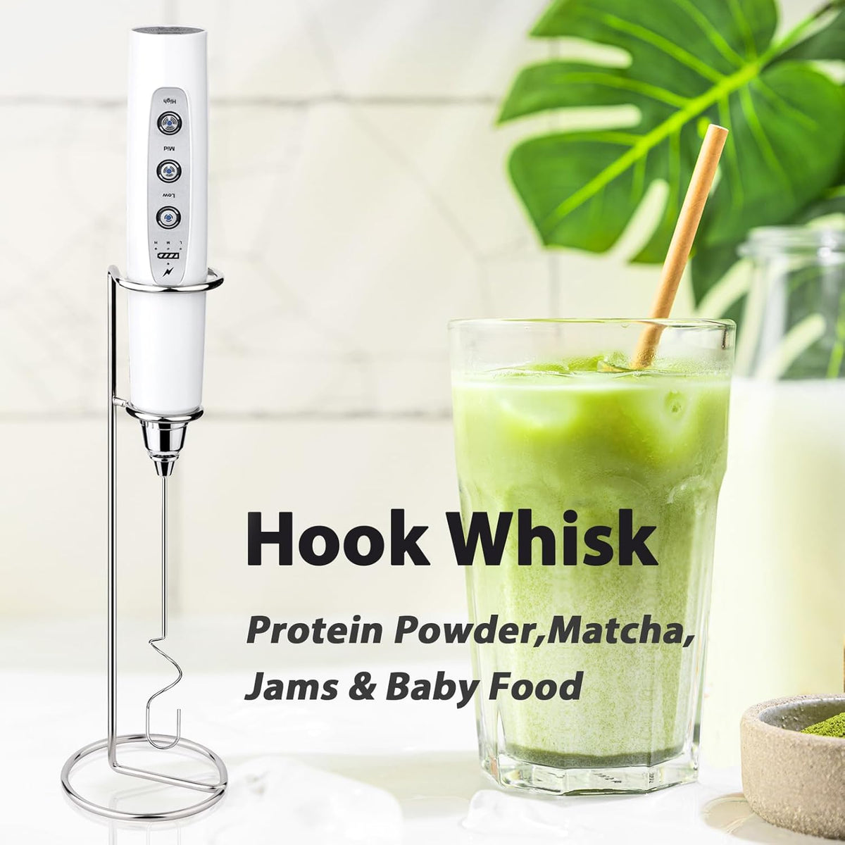 Milk Frother with Stand Rechargeable-Handheld Coffee Frother with 3 Stainless Whisks 3 Speed Adjustable, Electric Whisk Drink Mixer