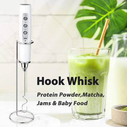 Milk Frother with Stand Rechargeable-Handheld Coffee Frother with 3 Stainless Whisks 3 Speed Adjustable, Electric Whisk Drink Mixer