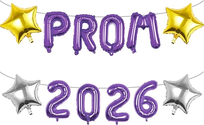 Prom 2026 Balloons Decorations, 16 Inch Foil Letter Number Balloons with 18 Inch Silver Purple Star Balloons for High School College Graduation Gift Retirement Ins Photo Party Supplies