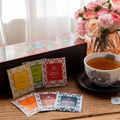 Octavius - Assorted Tea Variety Pack in Tile Motif Design Wooden Box, 6 Flavors, 60 Tea Bags, Black & Green Tea, Tea Gifts for Women & Men