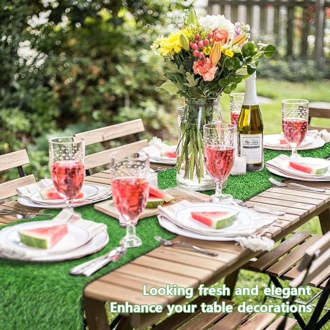 12 x 72 Inch Artificial Grass Dining Table Runner Green Table Decor for Holiday Party, Kitchen Decor, Wedding, Banquet, Indoor/Outdoor Tea Party Decorations