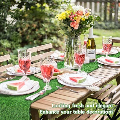 12 x 72 Inch Artificial Grass Dining Table Runner Green Table Decor for Holiday Party, Kitchen Decor, Wedding, Banquet, Indoor/Outdoor Tea Party Decorations