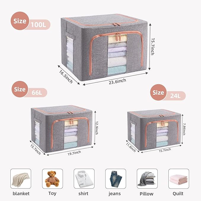 GuliPostan 3 Pack 66L Stackable Clothes Storage Bins with Metal Frame Handles & Zipper, Collapsible Closet Organizer Box with Lid for Bedding Blankets Towel (Grey)