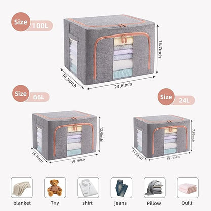 GuliPostan 3 Pack 66L Stackable Clothes Storage Bins with Metal Frame Handles & Zipper, Collapsible Closet Organizer Box with Lid for Bedding Blankets Towel (Grey)