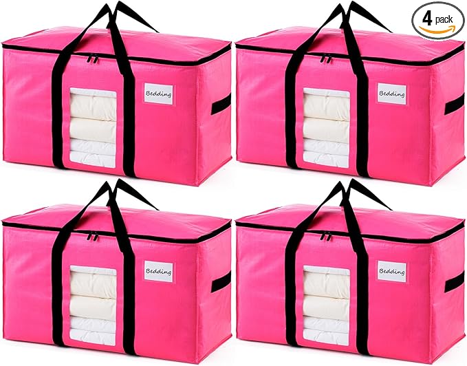 TAILI 4 Pack Pink Extra Large Moving Bags, Heavy Duty Totes with Visible Window, Wrap Around Handles, Great for Storage, Space-Saving