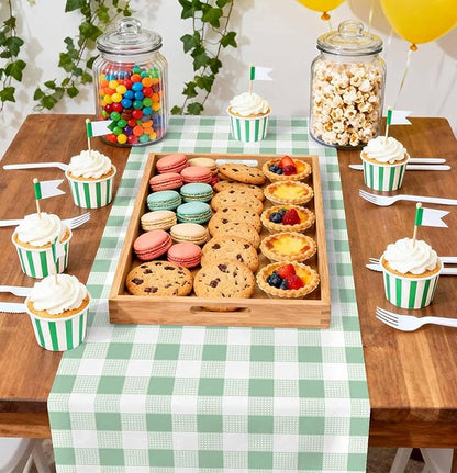 12 Pcs Sage Green and White Checkered Table Runner Plastic 14 x 108 Disposable Sage Green Gingham Table Runner for Birthday Wedding Baby Shower Party Table Centerpiece Decorations